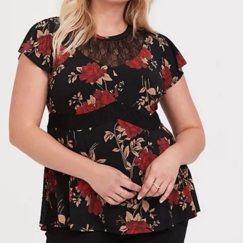 Torrid Studio Knit Crew‎ Neck Lace Inset Short Sleeve Peplum Top Size 3X
